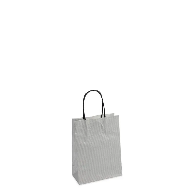 Papiertragetaschen mit gedrehte Griffe und Bodenkarton 14+7x19 cm Silber (250 Stück) [FP-007019]
