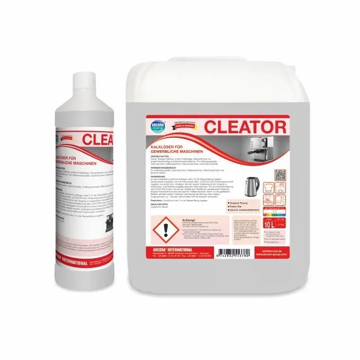 Zwei Arcora CLEATOR KALKLÖSER FÜR GEWERBLICHE MASCHINEN von Arcora International GmbH: 1L Flasche und 10L Kanister mit rot-weißem Etikett. Perfekt zum Entfernen von Kalkablagerungen im industriellen Einsatz.