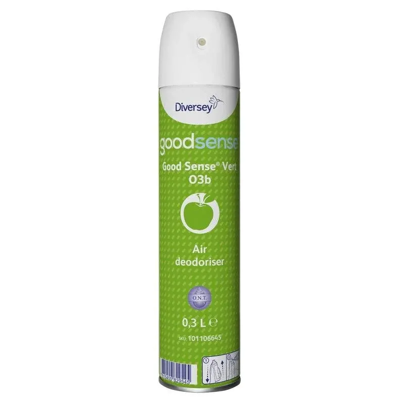 Eine 300-mL-Dose Diversey Good Sense Vert Raumspray-Lufterfrischer und Geruchsneutralisierer der Diversey Deutschland GmbH & Co. OHG, mit grünem Etikett mit Apfelsymbol, weißer Sprühdüse und aufgedruckter Produktinformation auf der Vorderseite.