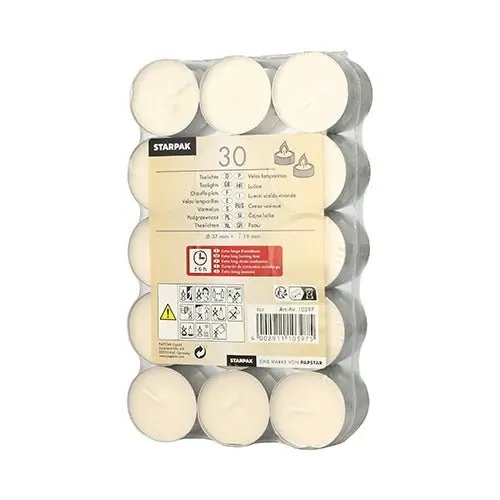 30 weiße Teelichte von Starpak (Ø 37 mm, 19 mm, 6 h Brenndauer), eingeschweißt in Schrumpffolie im 30er-Pack. Das Etikett enthält Produktinfos, Nutzungshinweise und Warnsymbole; Die Teelichter sind in drei Reihen angeordnet.
