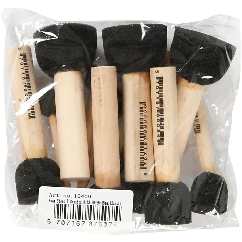 Foam Stencil Brushes, L: 9-10 cm, dia. 13+20+25+35 mm, 12 pc