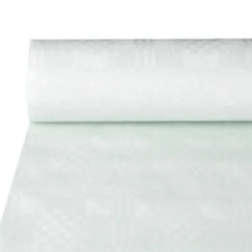 Das PAPSTAR Papiertischtuch mit Damastprägung (50 m x 1 m, PAPSTAR GmbH) wirkt glatt und leicht transparent – ideal für festliche Anlässe.