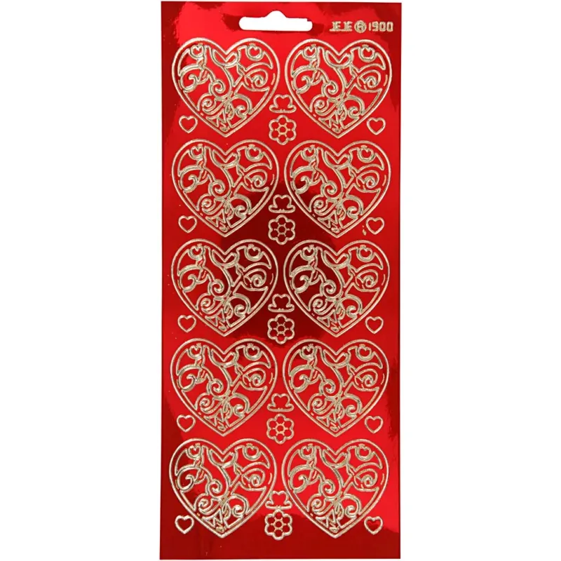 Stickers, hearts, sheet 10x23 cm, gold, transparent red, 1 sheet