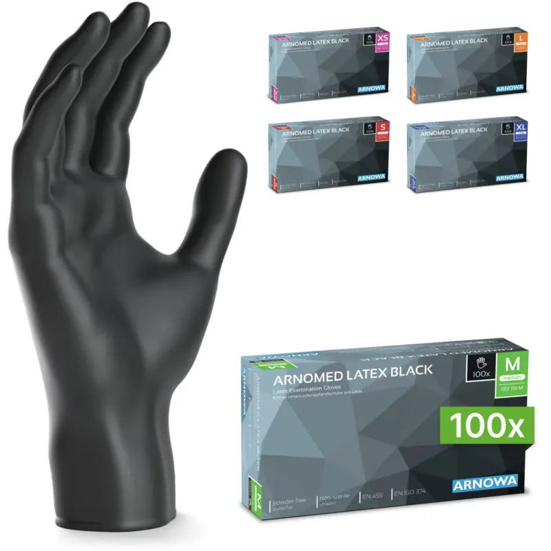 Links steht ein schwarzer ARNOMED LATEX BLACK Einmalhandschuh von ARNOWA GmbH. Rechts daneben sind fünf Boxen mit puderfreien, schwarzen Latexhandschuhen in verschiedenen Größen, die größte vorn enthält 100 Stück in Größe M.
