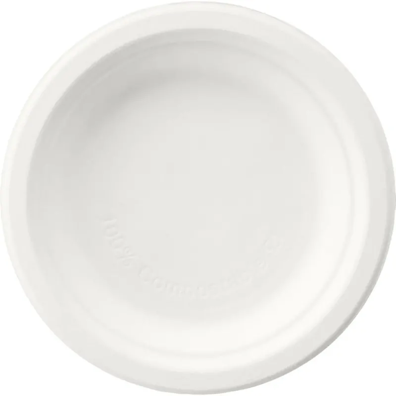 Ein runder, weißer Duni GmbH Teller ø 15 cm aus Bagasse (unbeschichtet) wird von oben auf weißem Hintergrund gezeigt. Der Einwegteller ist biologisch abbaubar, hat gewölbte Ränder und "100% kompostierbar" ist innen eingeprägt. Packung: 125 Stück.