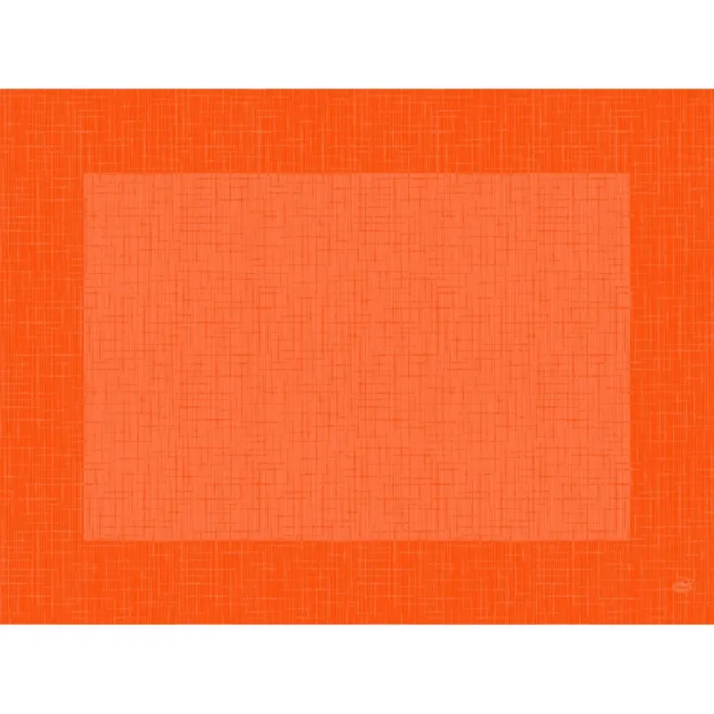 Ein rechteckiges Bild mit sich kreuzenden Linien, einem dunkleren orangefarbenen Rand und einem helleren orangefarbenen Zentrum - das passt zu den stilvollen Bio-Dunicel-Sets 30x40 Linnea sun orange der Duni GmbH: hochwertige, biologisch abbaubare Tischsets (100 Stück).