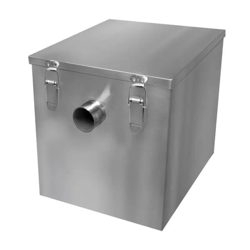 Fettabscheider aus Edelstahl mit quadratischer Form, glänzender Oberfläche und zwei stabilen Verschlüssen, ideal für die Gastronomie mit 35L Fassungsvermögen