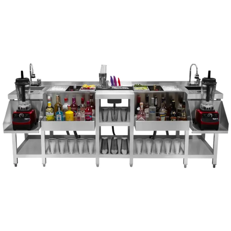 Kompakte Duo-Barstation aus Edelstahl mit zwei Spülbecken, Mixer, Regalen für Flaschen und Gläser, ideal für professionelle Barkeeper