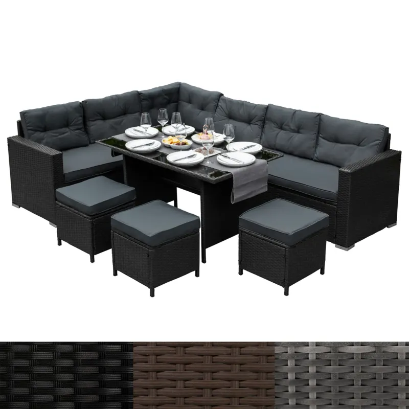 Schwarzes Polyrattan Gartenmöbel Set mit bequemen, grauen Kissen, einem eleganten Glastisch und passenden Hockern für stilvolle Außenbereiche