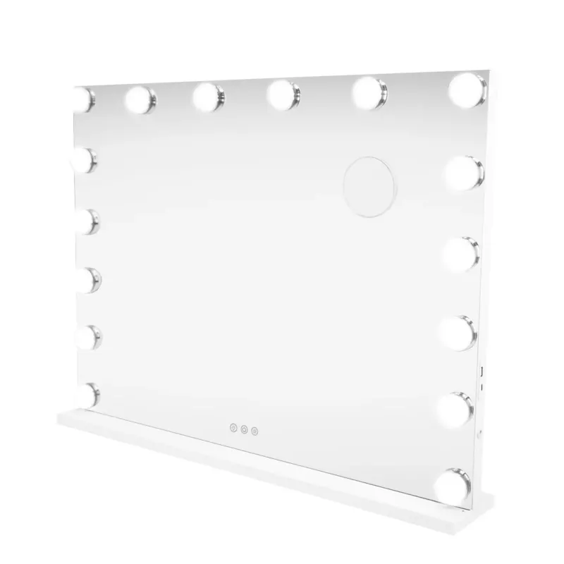 LED Bluetooth Spiegel in rechteckiger Form, 80 x 60 cm, mit 12 runden, dimmbaren Lichtern und glatter, reflektierender Oberfläche in elegantem Weiß
