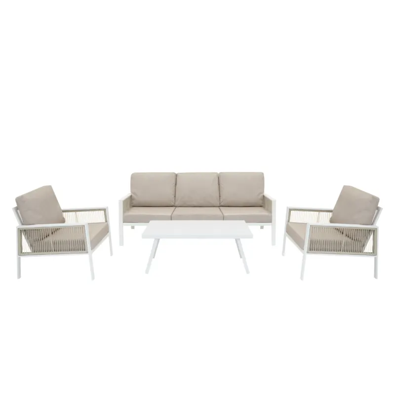 Moderne 4-teilige Aluminium-Sofagarnitur in Weiß mit beigen Kissen, bestehend aus einem Sofa und zwei Sesseln, ergänzt durch einen eleganten Tisch
