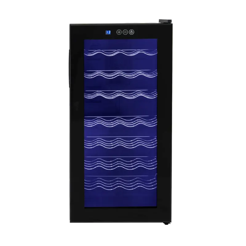 Schwarzer gewerblicher Weinkühler mit LED-Beleuchtung, transparentem Glas und wellenförmigem Design, ideal zur Präsentation und Kühlung von Weinflaschen