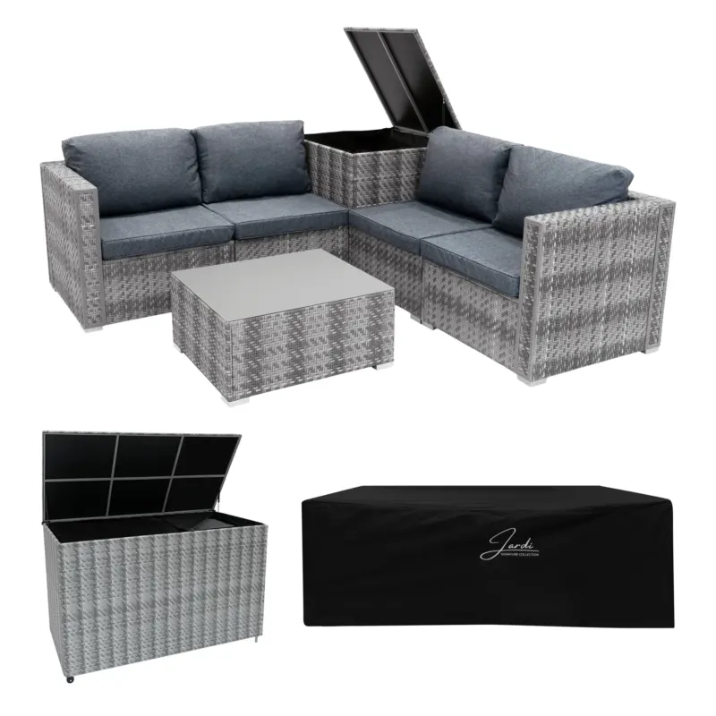 Modulares 6-teiliges Rattan-Möbelset in Grau mit bequemen blauen Kissen, quadratischem Tisch und großer Aufbewahrungsbox für Garten oder Terrasse