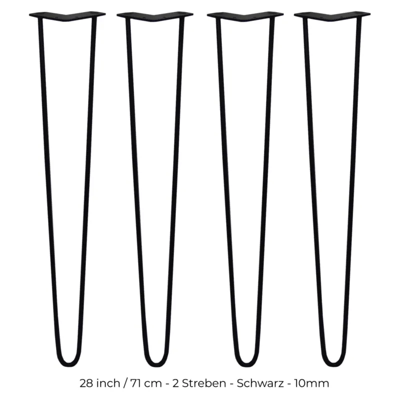 Schwarze Hairpin Tischbeine mit zwei Streben, 71 cm hoch, aus robustem Metall, schlankes, modernes Design für Möbelprojekte