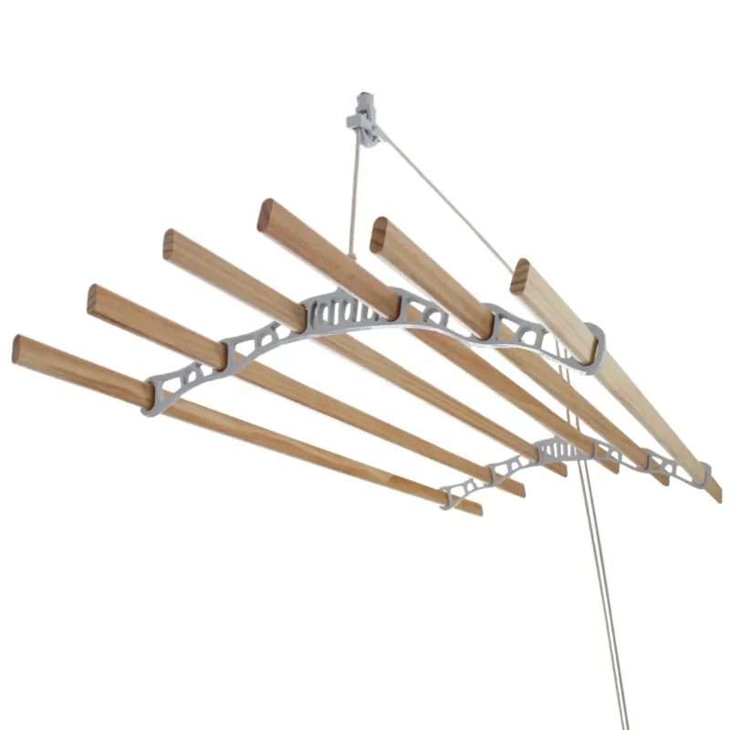 Deckentrockner aus Holz in Weiß mit sechs stabilen Holzstäben, elegantem Design und praktischer Aufhängung für platzsparendes Trocknen