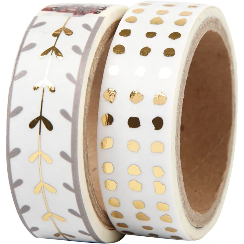 Washi Tape, hearts and dots - foil, W: 15 mm, gold, white, 2x4 m