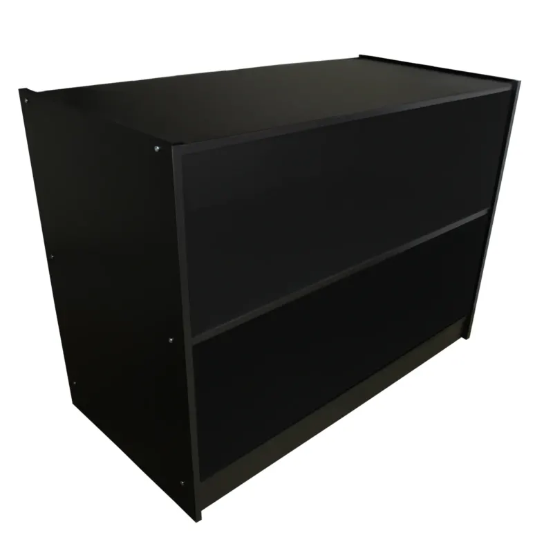 Schwarze A1200 Verkaufstheke mit zwei offenen Regalen, modernem Design und glatter, mattschwarzer Oberfläche, ideal für Verkaufsräume