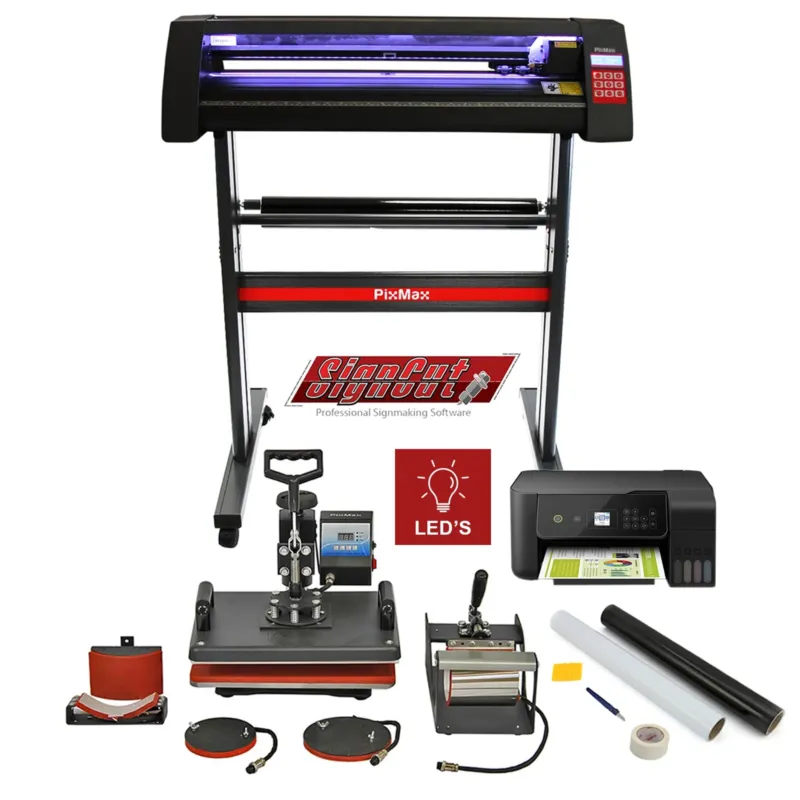 720 mm LED Schneideplotter in Schwarz mit rotem Akzent, 5-in-1 Hitzepresse, Drucker und Zubehör für professionelle Anwendungen in der Grafikgestaltung