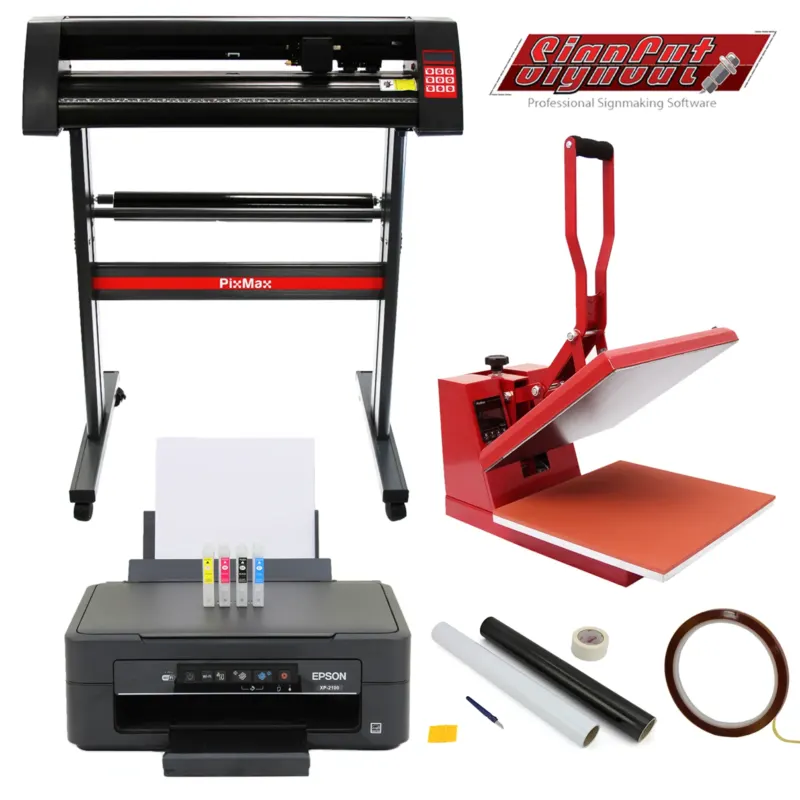 38-cm-Klapppresse in Rot, 720-mm-Vinylschneider in Schwarz, Epson-Drucker mit Tintenpatronen, Entgitterungsset und Zubehör auf weißem Hintergrund