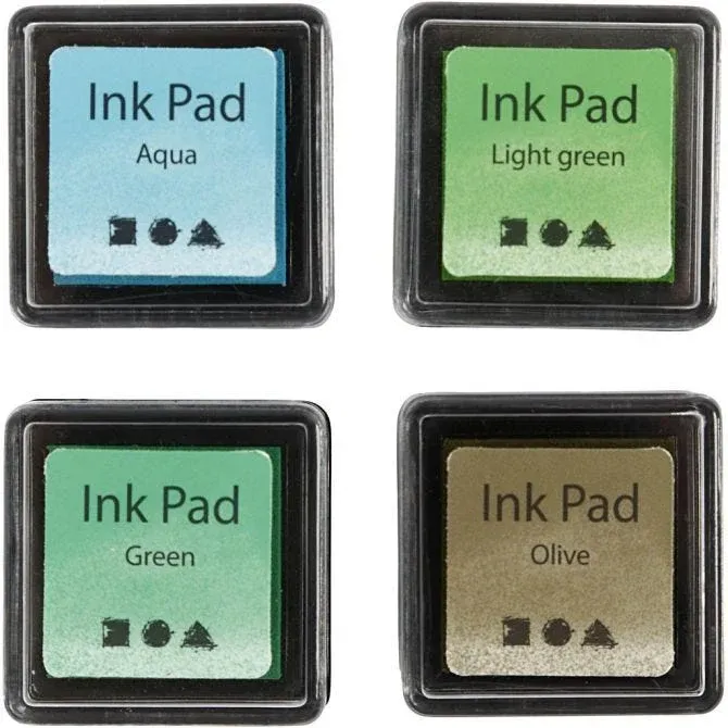Ink Pad, H: 2 cm, size 3,5x3,5 cm, green, light green, olive, aqua, 4 pc