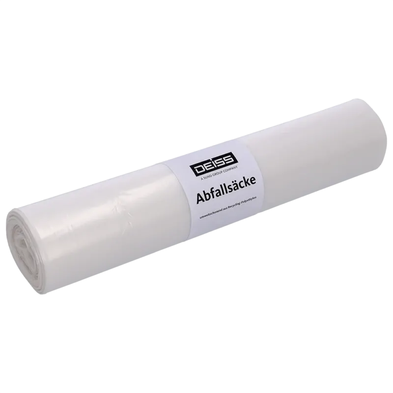 Eine Rolle transparenter DEISS Abfallsäcke aus Recycling-LDPE (120 l, 25 Stück) der EMIL DEISS KG (GmbH + Co.), verpackt in Kunststoff mit einem Etikett mit der Aufschrift "DEISS Abfallsäcke" in schwarzer Schrift auf weiß.