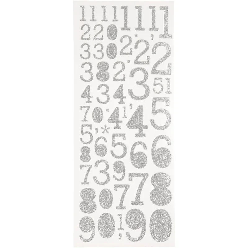 Glitter Stickers, numbers, sheet 10x24 cm, silver, 2 sheet