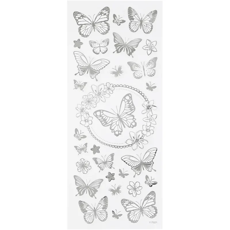 Stickers, butterflies, sheet 10x24 cm, ca. 28 pc, silver, 1 sheet