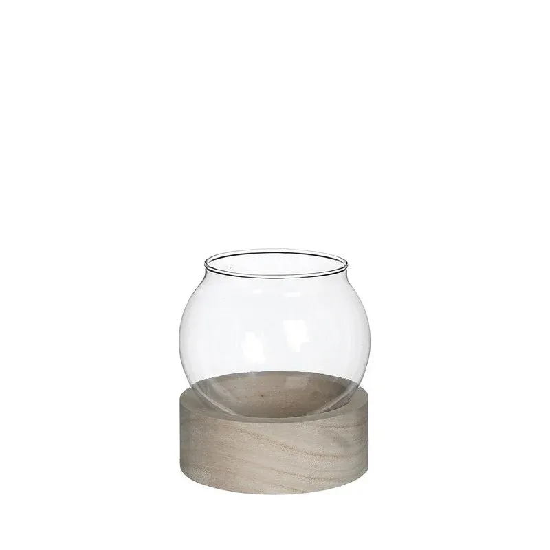 Glass Ball Vase w.Wood Base Ø10 h.11cm