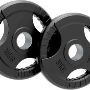Zwei schwarze 10 kg Olympische Tri-Grip Gummi-Hantelscheiben mit rutschfestem Griff und mittigem Loch für einfache Handhabung und Stabilität
