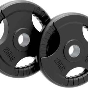 Schwarze Gummihantelscheiben mit Tri-Grip-Design, 2x25kg, 50mm Durchmesser, rutschfeste Oberfläche und klare Gewichtsanzeige für sicheres Training