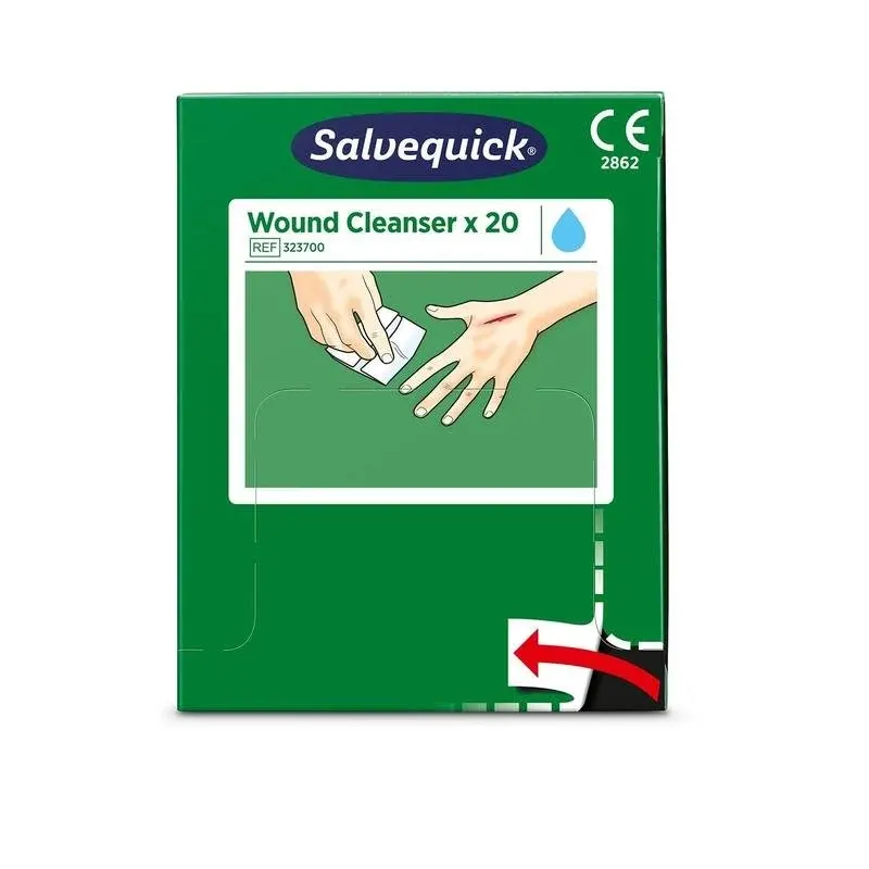 Eine grüne Schachtel von Orkla Wound Care AB's Salvequick savett wundreiniger (0,9% naci, steril), Packung mit 20 Stück. Die Vorderseite zeigt eine andere Handreinigung mit einem Wischtuch, einem Wassertropfensymbol und der Referenznummer 323700.