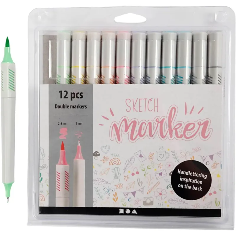 Sketch markers, line 1+2-5 mm, pastel colours, 12 pc