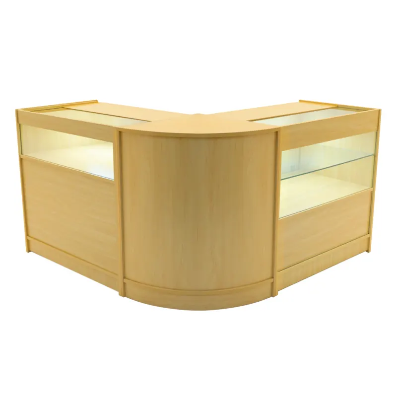 Adonis LED Ladentheke Set in Ahorn, mit geschwungener Form, transparenten Glasflächen und warmem Holzfinish, ideal für Verkaufsräume