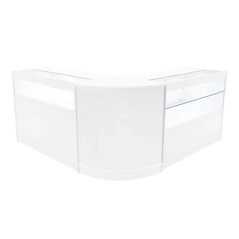 Elegante weiße LED Ladentheke mit gläsernen Vitrinen, abgerundeten Kanten und modernem Design, ideal für Einzelhandelsgeschäfte und Ausstellungen