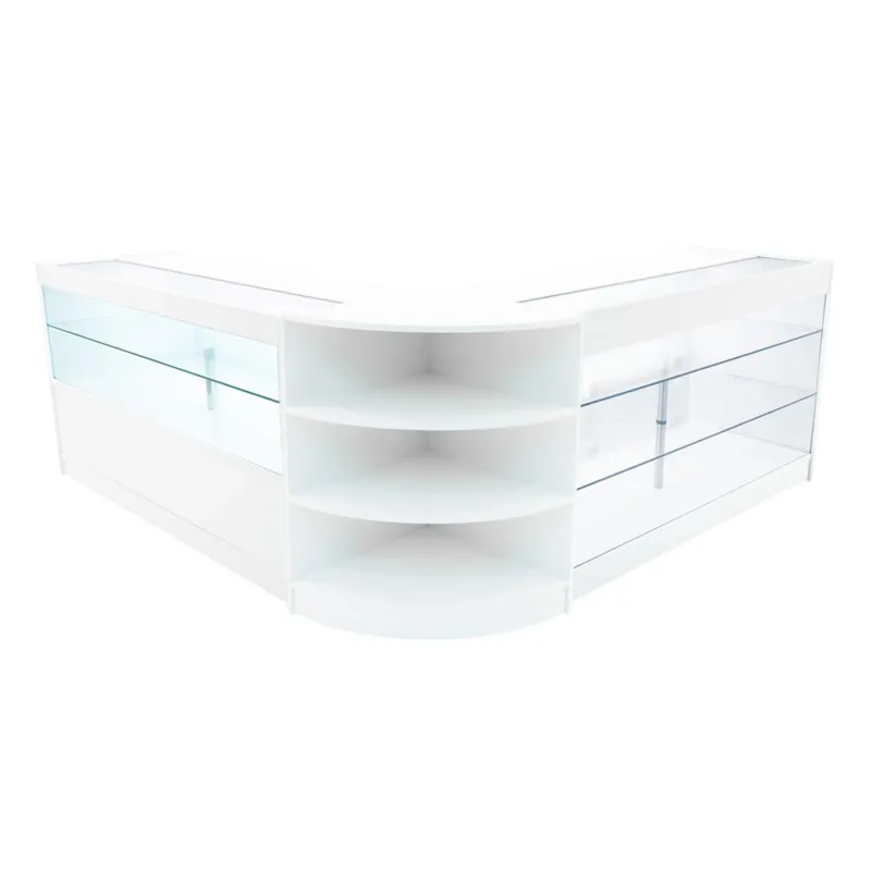 Elegantes, weißes Verkaufstheken-Set mit gläsernen Regalen und abgerundeten Kanten, ideal für moderne Einzelhandelsumgebungen