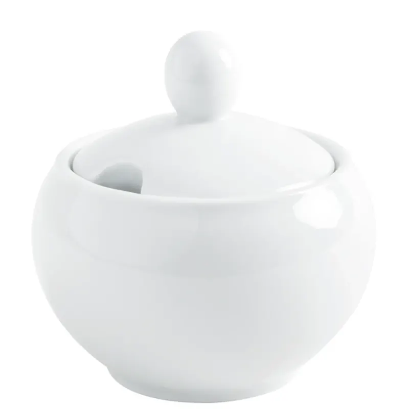 Weißer Porzellantopf mit rundem, kuppelförmigem Deckel und kleiner Kugel als Griff. Der Topf hat eine glatte, glänzende Oberfläche und eine sanfte, runde Form. Ideal für die Aufbewahrung von Zucker oder Gewürzen.