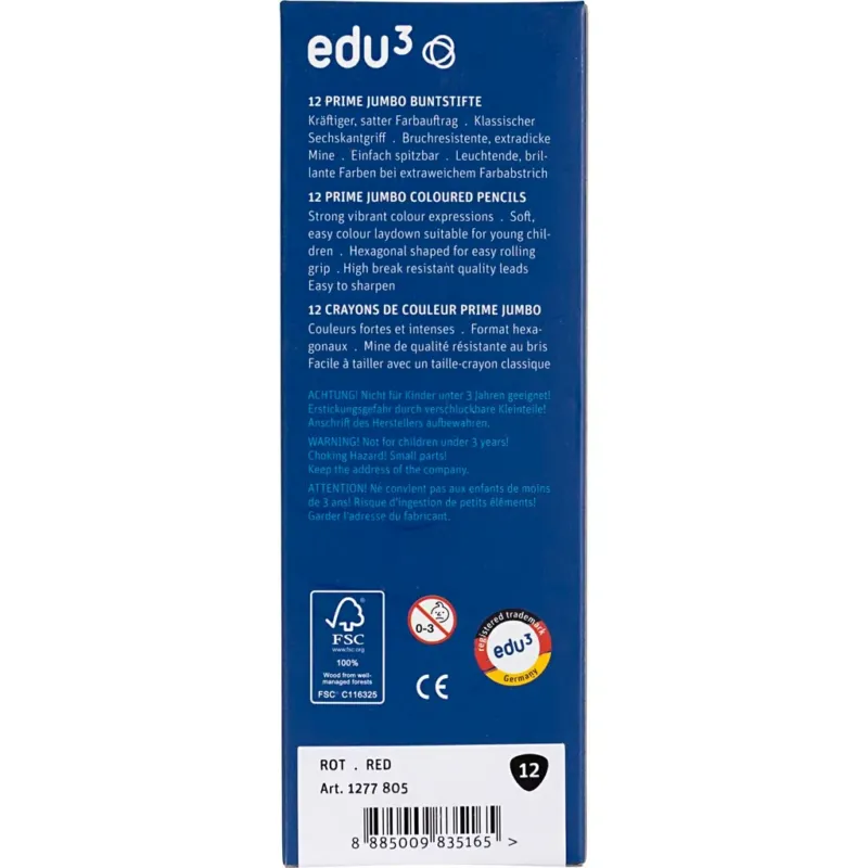 edu Jumbo Coloured Pencils, thickness 10 mm, lead 6,25 mm, dark red, 12 pc