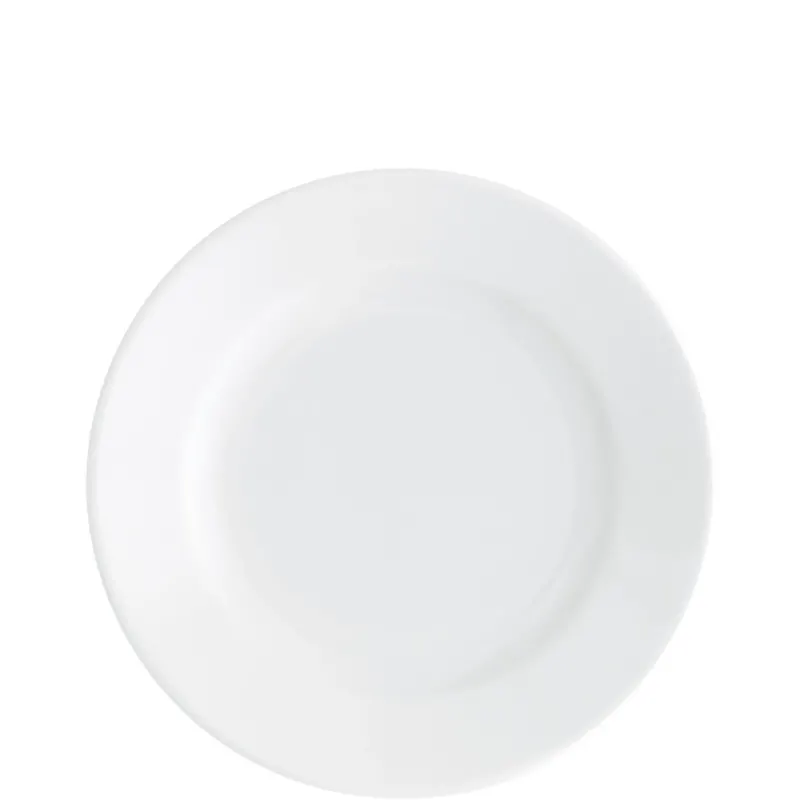 Ein einfacher, runder, weißer Teller ohne Dekoration liegt auf einem neutralen Hintergrund. Die glatte Oberfläche des Tellers reflektiert das Licht leicht. Der Teller hat keine sichtbaren Muster oder Ränder und wirkt modern und minimalistisch.
