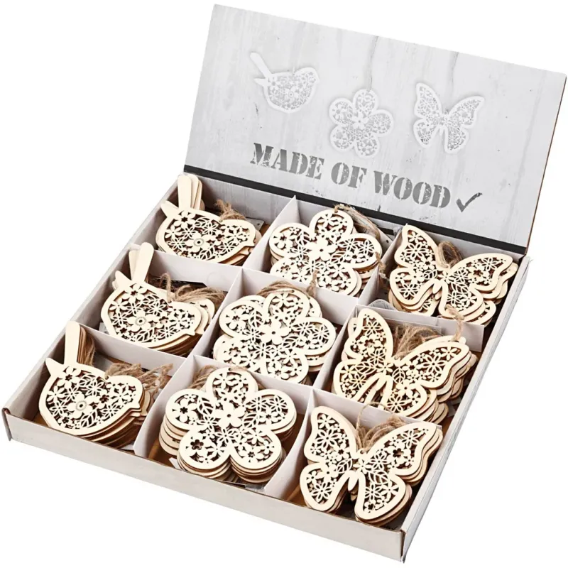 Wooden Ornament, butterfly, flower and bird, H: 10 cm, W: 10 cm, 90 pc