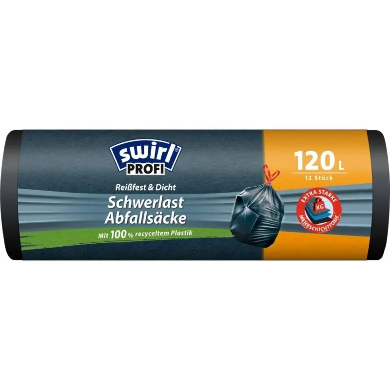 Eine Rolle Swirl Schwerlast-Säcke Profi mit Zugband 120 l (12 Säcke) von Melitta Europa GmbH & Co. KG, reißfest und auslaufsicher, aus 100 % Recycling-Kunststoff, in schwarzer Verpackung mit deutscher Produktinfo.