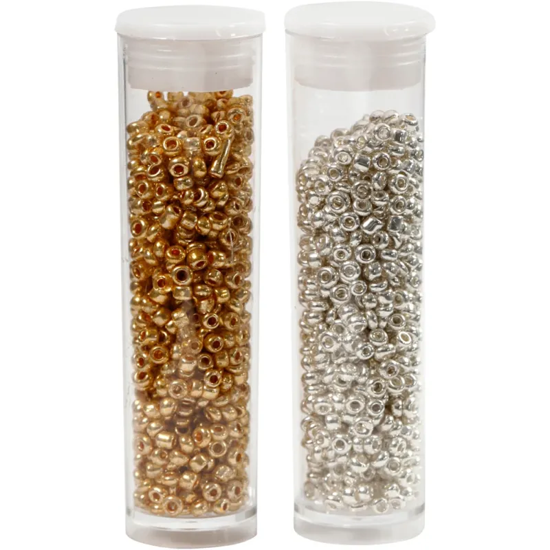 Rocaille Seed Beads, dia. 1,7 mm, size 15/0, hole size 0,5-0,8 mm, gold, silver, 2x7 g