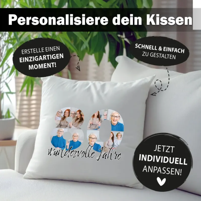 Bild: Personalisiertes Foto-Kissen zum 80. Geburtstag - Fotogeschenk.