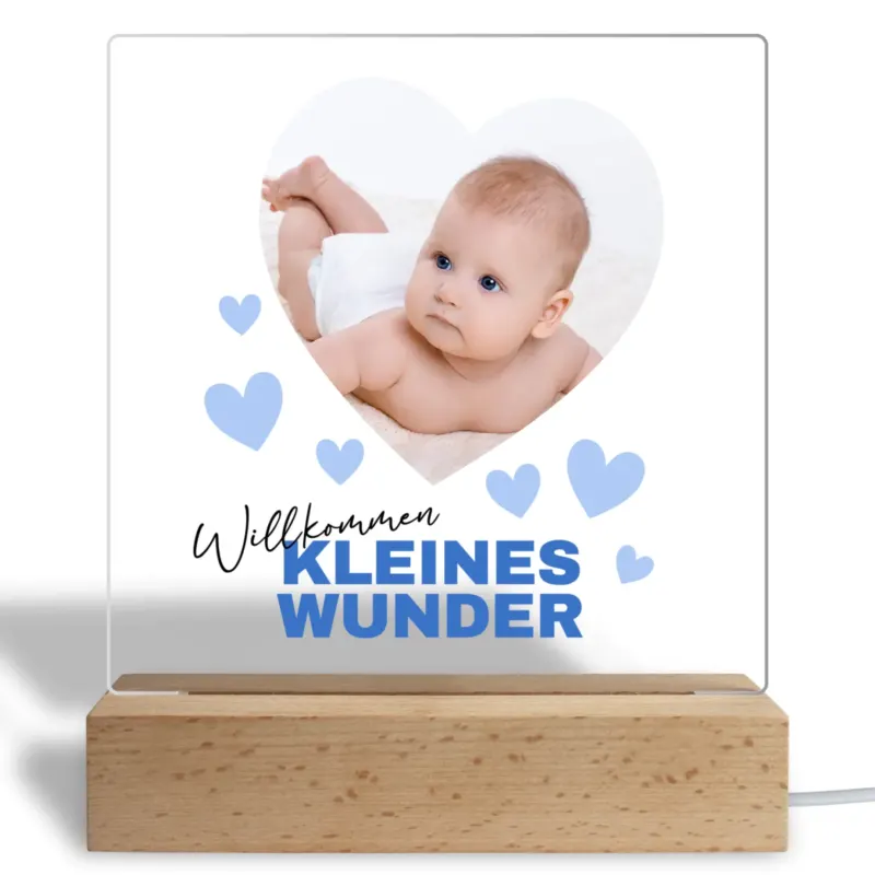 Personalisiertes Acryl Glasbild - Baby-Foto mit Willkommen kleines Wunder - Geschenk zur Geburt - Fotogeschenk
