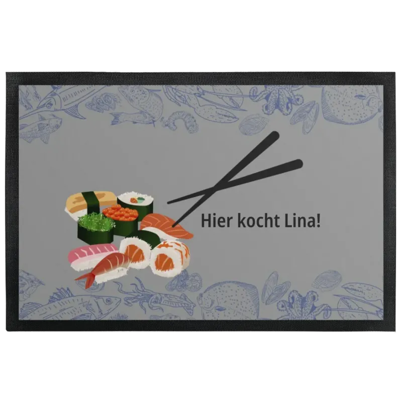 Bild: Personalisierte Fußmatte mit Gummilippe - Design Sushi mit Wunschtext.