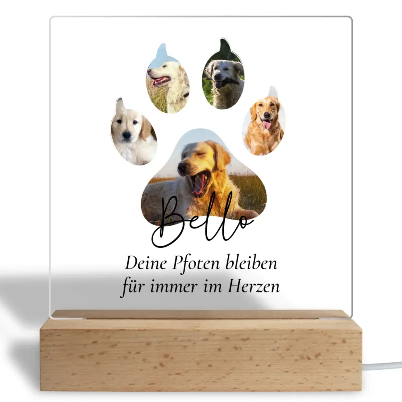 Bild: Personalisiertes Acryl Glasbild - Hunde-Pfote mit Fotos - Hundefoto zur Erinnerung - Trauergeschenk.