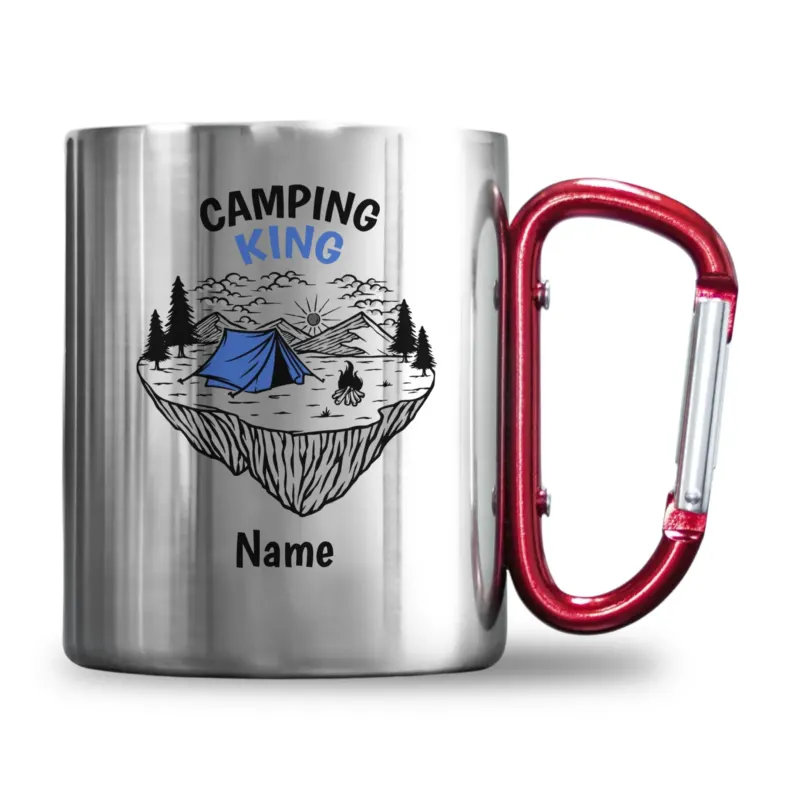 Bild: Personalisierte Edelstahl-Tasse mit Karabiner - Camping King + Name mit Zelt.