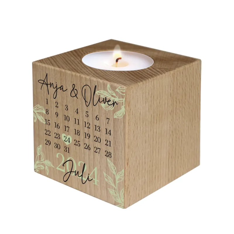 Personalisierter Holz Teelichthalter - Kalender mit Namen und Jahrestag - Liebesgeschenk, Geschenk für Paare