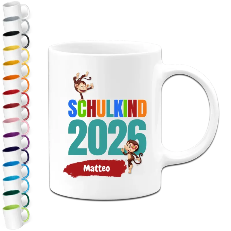 Personalisierte Tasse - Schulkind Name & Datum - Design Affen - Geschenk zur Einschulung
