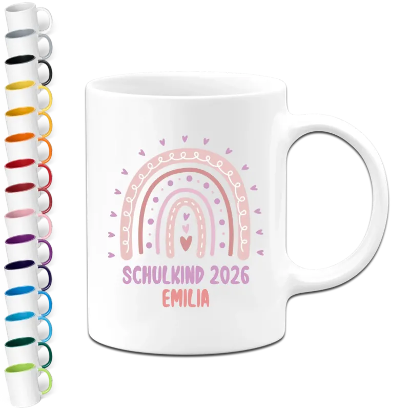 Personalisierte Tasse - Schulkind Name & Datum - Regenbogen - Geschenk zur Einschulung Mädchen