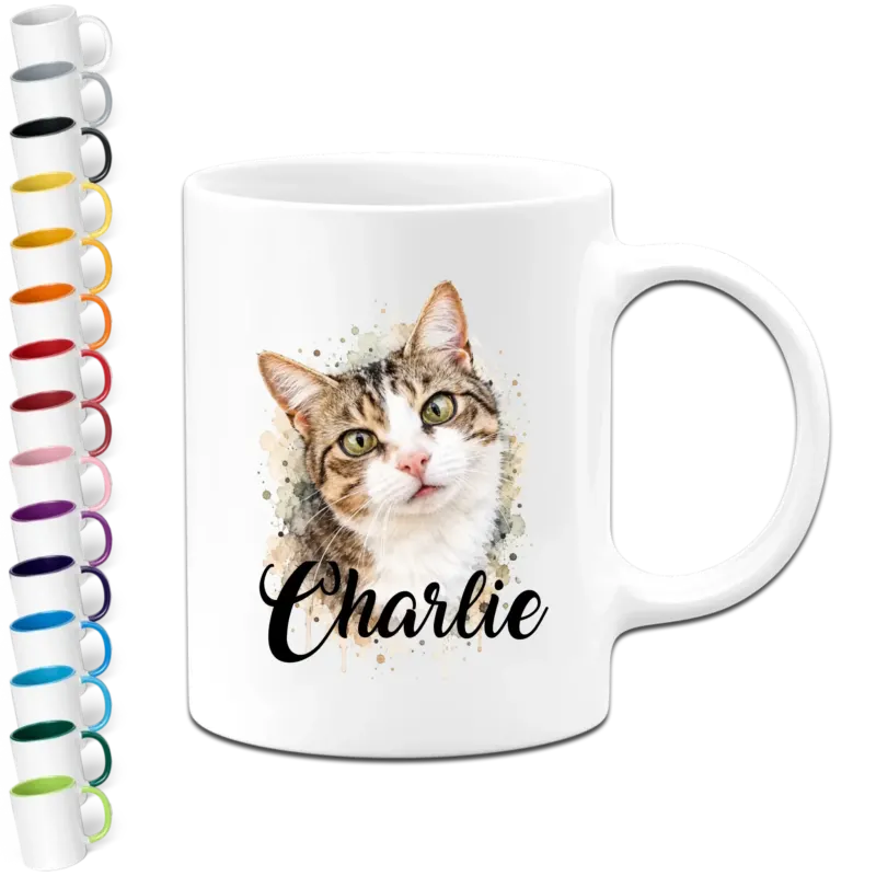 Personalisierte Tasse - Deine Katze mit Name im Aquarell Wasserfabren Design - Geschenk für Katzenbesitzer